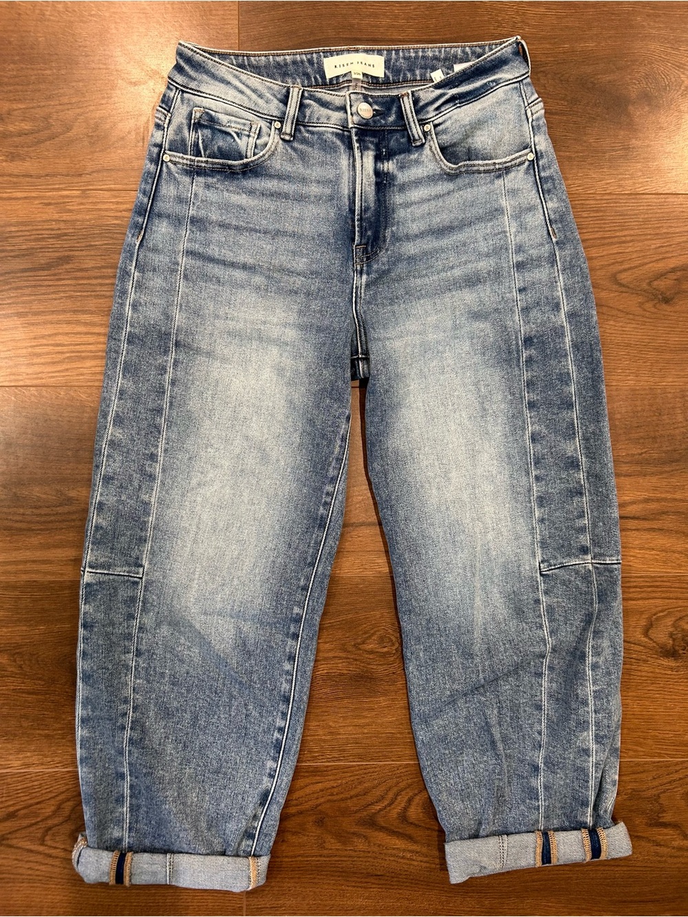 Risen Light Wash Front-Seamed Barrel Jeans